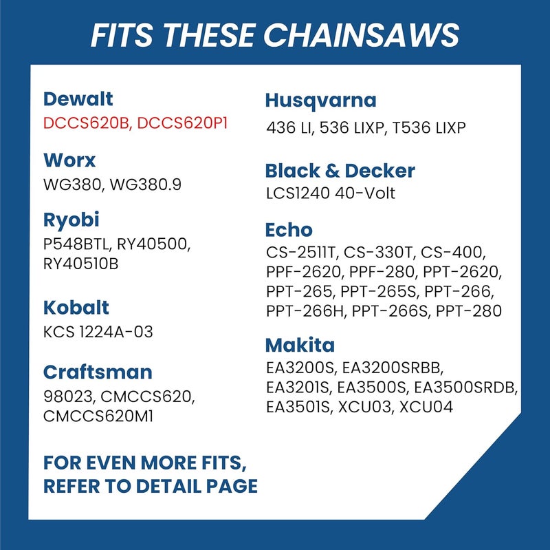 Zentop Carbide Chainsaw Chain 12 Inch, 043" Gauge, 3/8" LP Pitch, 45 Drive Links Fits Dewalt 20V MAX DCCS620B, DCCS620P1 Fits WORX WG380, Ryobi, Echo and More- DWO1DT612, R45 (1 Chains) - Image 5